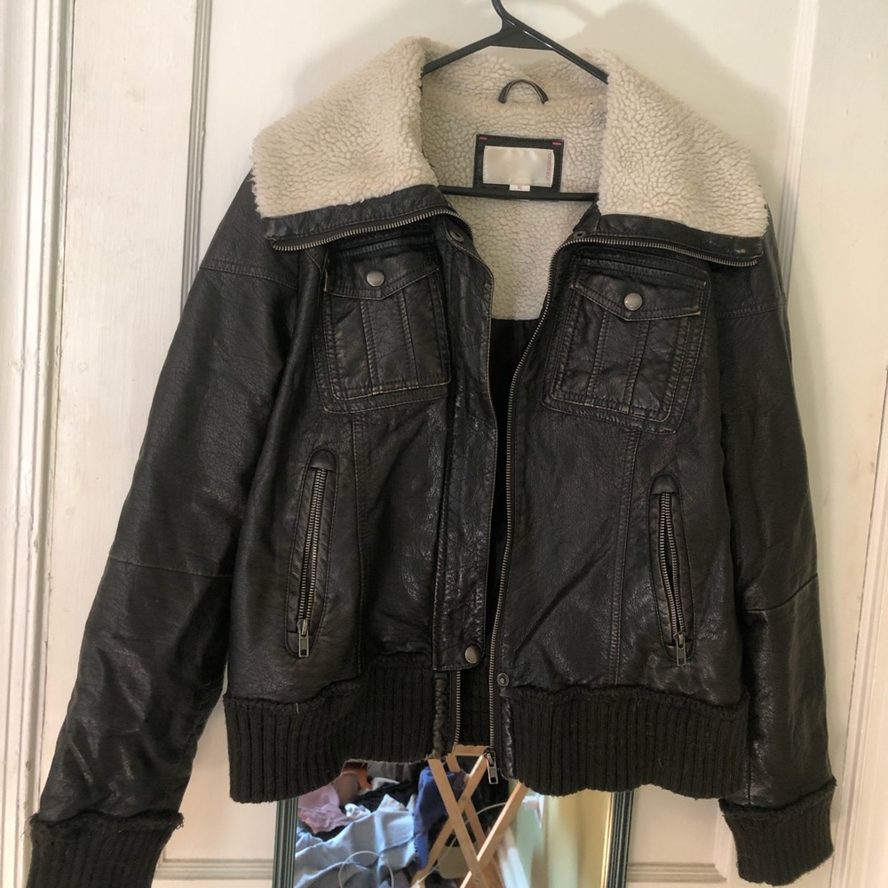 Deep brown moto-jacket with faux Sherpa collar.